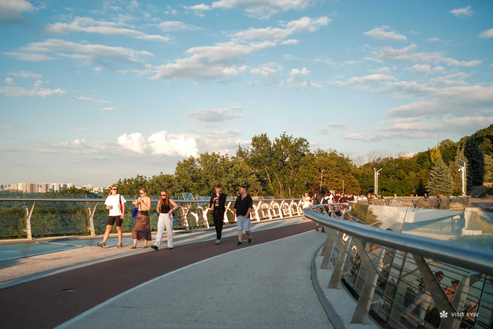 Pedestrian and cycle path on the glass bridge in Kyiv