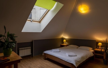 Room on the attic floor with a double bed at Dream Hostel in Kyiv