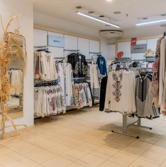 A collection of traditional Ukrainian vyshyvanka shirts at Vsi Svoi store in Kyiv