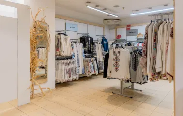 A collection of traditional Ukrainian vyshyvanka shirts at Vsi Svoi store in Kyiv