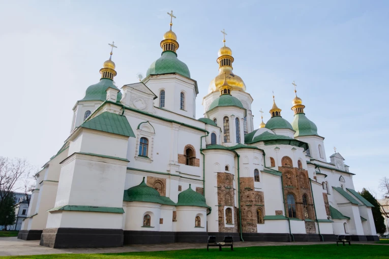 St. Sophia Cathedral in Kyiv - facade with white walls and green-gold domes