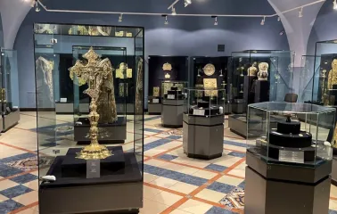 Hall with golden artifacts in the National Museum of History of Ukraine in Kyiv