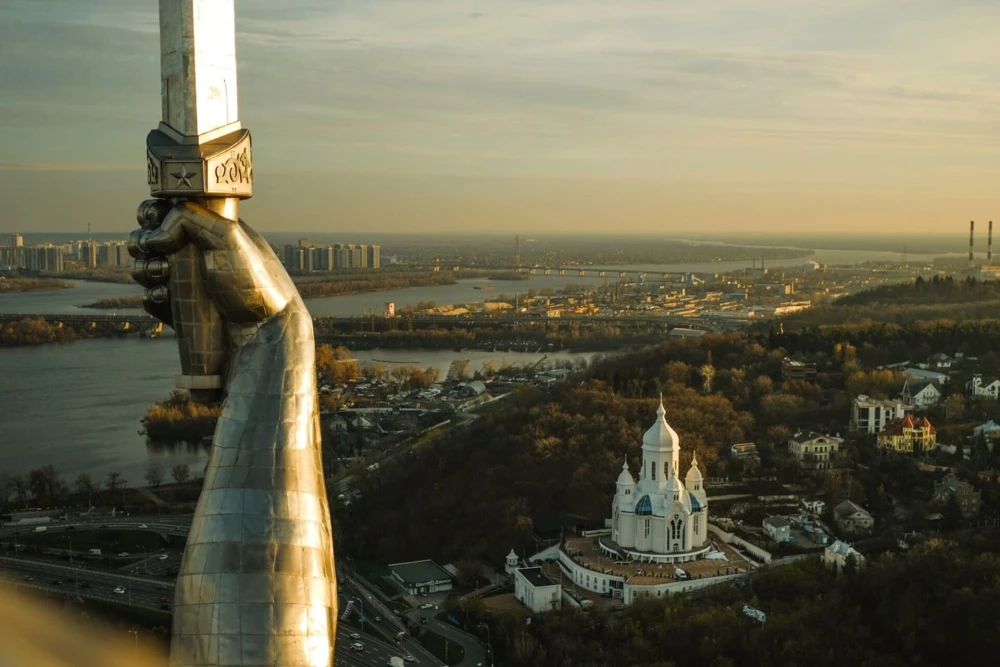 View from the observation deck at the Motherland Monument toward both banks of Kyiv