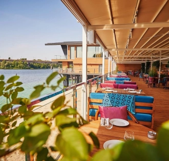 Summer terrace of Mayak restaurant in the center of Kyiv