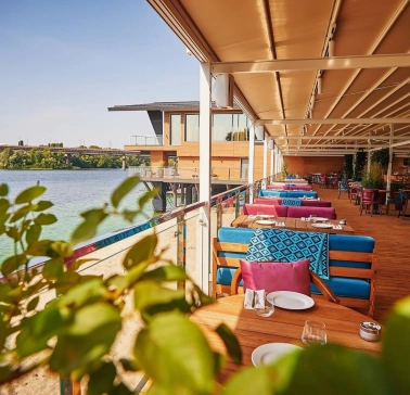 Summer terrace of Mayak restaurant in the center of Kyiv