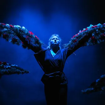 Molodyi Teatr in Kyiv - dramatic stage scene featuring an actress wearing large artistic wings made of branches and flowers