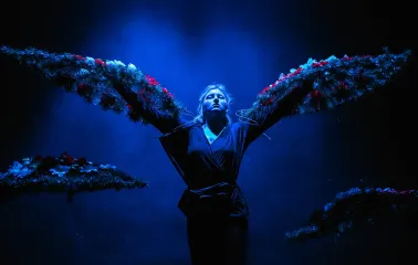 Molodyi Teatr in Kyiv - dramatic stage scene featuring an actress wearing large artistic wings made of branches and flowers