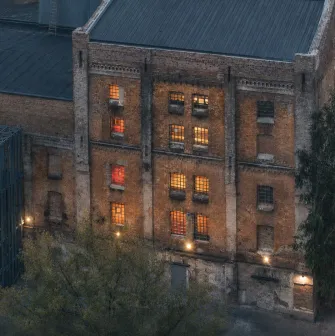 k41 - aerial view of the renovated historic brick industrial building complex and courtyard