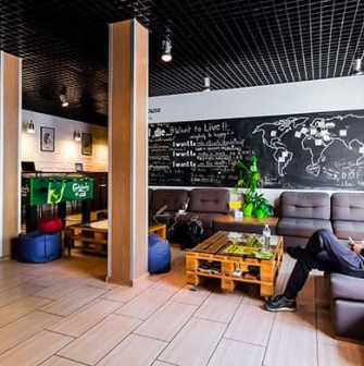 Recreation area at Kyiv Hostel with sofas and decor in Kyiv