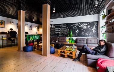 Recreation area at Kyiv Hostel with sofas and decor in Kyiv