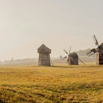 Pyrohiv Museum in Kyiv - line of traditional wooden windmills on open grassland