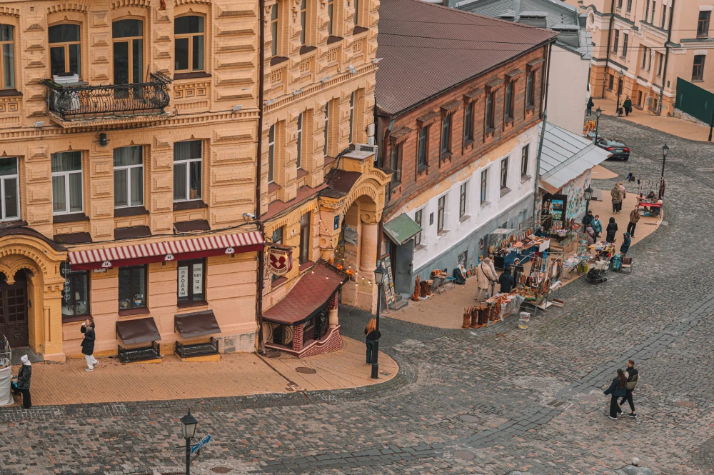 Andriyivskyi Descent in Kyiv - overhead view of the street and the restaurant ''Za dvoma zaitsami''