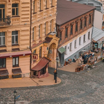 Andriyivskyi Descent in Kyiv - overhead view of the street and the restaurant ''Za dvoma zaitsami''