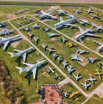 State Aviation Museum in Kyiv - aerial view of the vast open-air collection featuring dozens of helicopters and airplanes