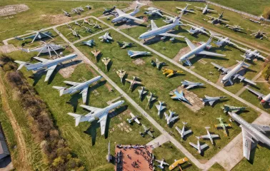 State Aviation Museum in Kyiv - aerial view of the vast open-air collection featuring dozens of helicopters and airplanes