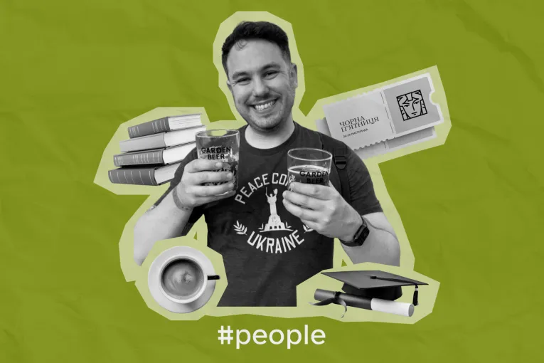 A green collage featuring Jake McGrew in a "Peace Corps Ukraine" T-shirt, holding two beers.