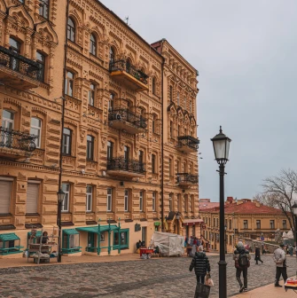 Andriyivskyi Descent in Kyiv - detailed facade featuring Kyiv historicist brickwork