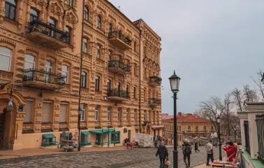 Andriyivskyi Descent in Kyiv - detailed facade featuring Kyiv historicist brickwork