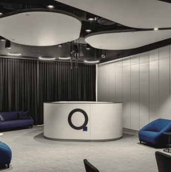 IQ Business Center in Kyiv - lounge area with white desk, logo and soft seats