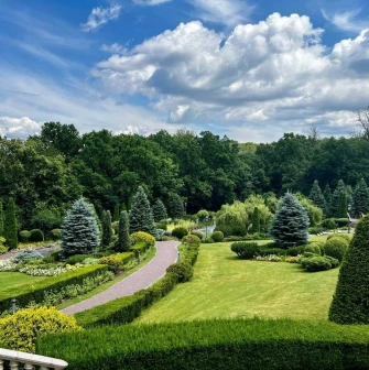 Panoramic view of a well-maintained landscaped park with coniferous trees and an alley