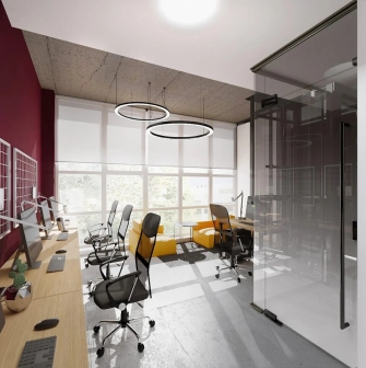 Modern open space at HUB 4.0 Campus in Kyiv with computer desks