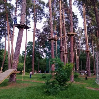 Seiklar Park in Kyiv - panoramic view of the multi-level rope courses integrated into the tall pine forest