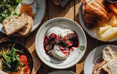 Octo Tower - breakfast table with eggs toast croissant and yogurt