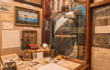 One Street Museum in Kyiv - showcase with historical uniform and medals