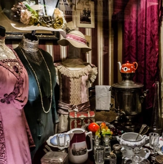 Clothes in the window of the One Street Museum in Kyiv