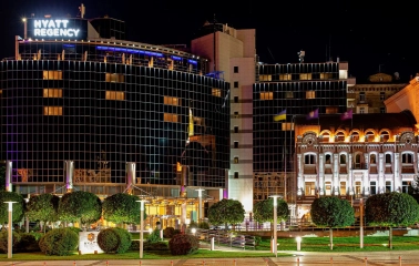 Facade of the Hyatt Regency Kyiv hotel with mirrored windows