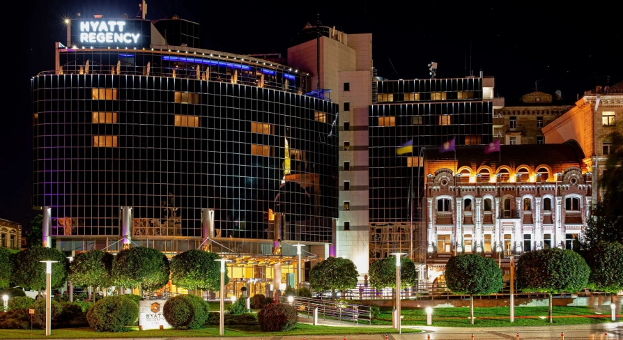 Facade of the Hyatt Regency Kyiv hotel with mirrored windows