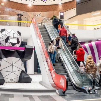 A panda figure near the escalator in the Respublika Park shopping center in Kyiv
