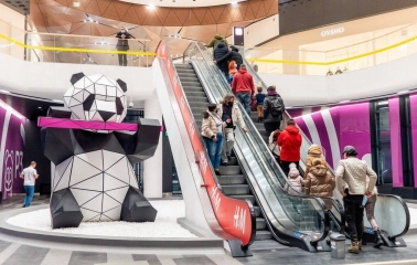 A panda figure near the escalator in the Respublika Park shopping center in Kyiv