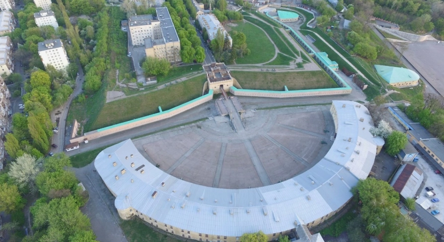 Kyiv Fortress in Kyiv - aerial view of the horseshoe-shaped fortification and parade ground