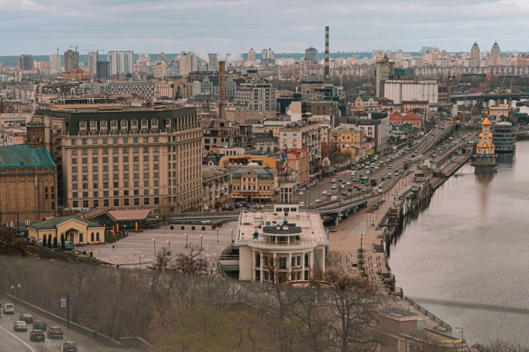 Glass bridge in Kyiv - view of Podil from the Arch of Freedom