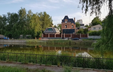 Park Kyn-Grust - view across a pond with green reeds towards private brick mansions behind a fence