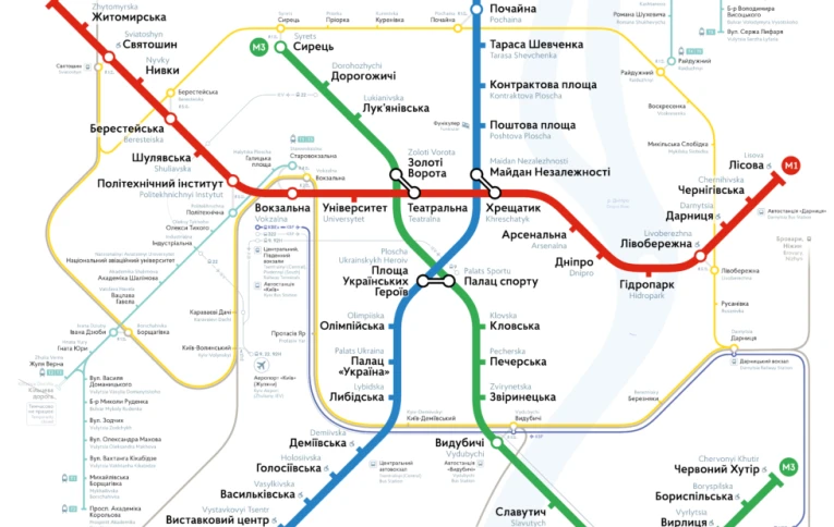 Kyiv metro map showing lines, stations and transfer points in Ukrainian and English