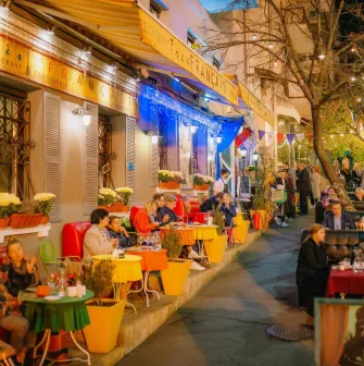 Très FRANÇAIS - charming outdoor terrace with seating decorated with potted plants