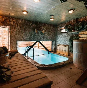Banya with a pool and wooden tub at Sobi Club