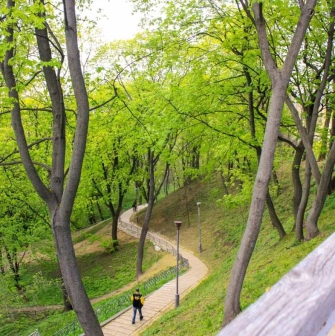 A walking path in Volodymyrska Hirka Park, surrounded by trees and a slope