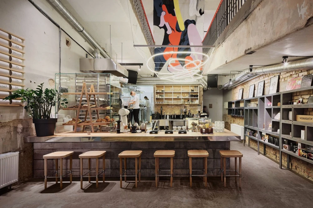 Octo Tower - modern interior of a cafe with a working kitchen