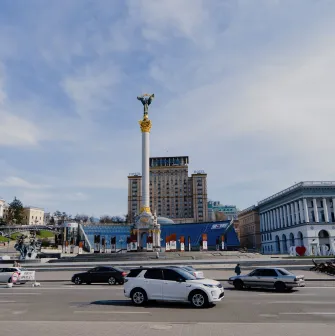 Independence Square in Kyiv - sunny view of the Independence Monument and city center