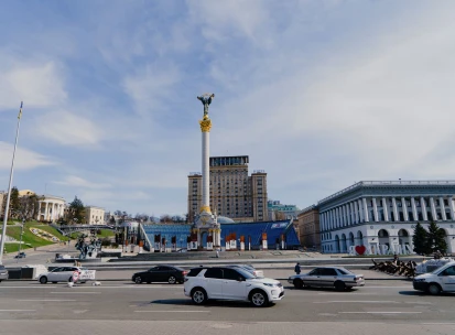 Independence Square in Kyiv - sunny view of the Independence Monument and city center