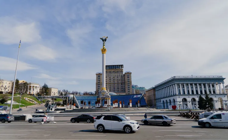 Independence Square in Kyiv - sunny view of the Independence Monument and city center