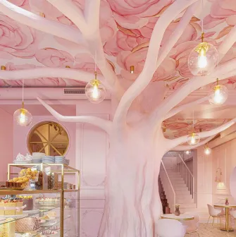 Interior of the Namelaka cafe in Kyiv with rosewood and a ceiling with petals