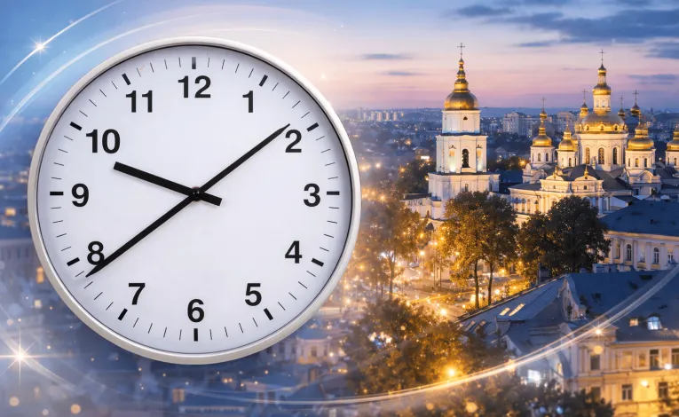 Local time in Kyiv with Saint Sophia Cathedral at sunset