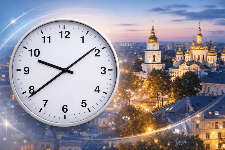 Local time in Kyiv with Saint Sophia Cathedral at sunset