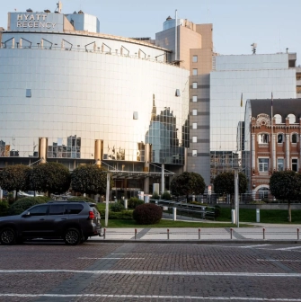 Facade of the Hyatt Regency Kyiv hotel with mirrored windows