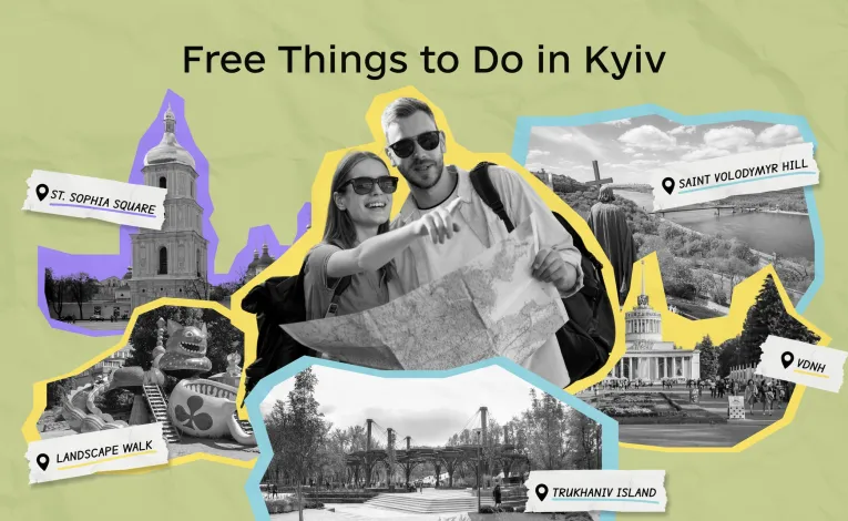Free things to do in Kyiv: tourists with a map and city landmarks collage