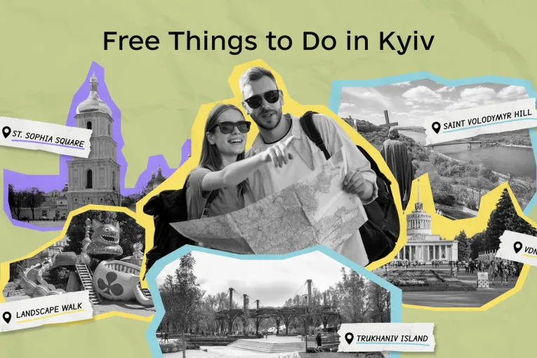 Free things to do in Kyiv: tourists with a map and city landmarks collage